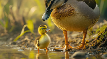 Duckling standing at the feet of a large adult duck by a stream, soft light enhancing their connection.の素材