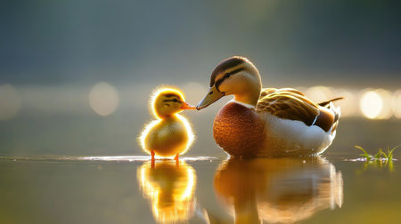 Duckling standing close to an adult duck near the water's edge, both with gentle reflections on the calm lake.の素材