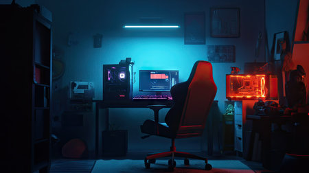 Gamer chair facing a glowing computer setup in a dark room, RGB lighting illuminating the desk and accessories.の素材