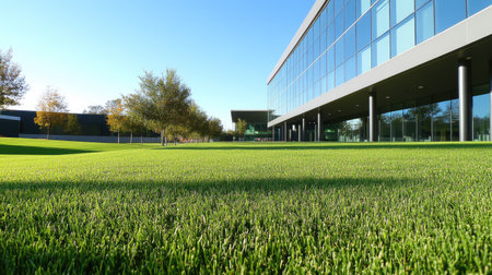 Low-angle view of a lush green lawn leading up to a sleek office building with reflective windows, clear skies above.の素材