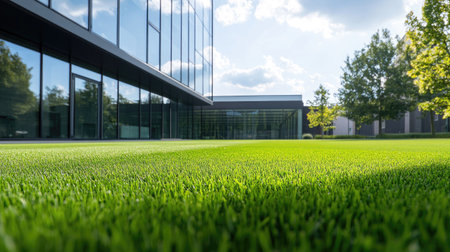 Freshly mowed lawn in front of a sleek, minimalist office building with large glass windows. Clean and modern atmosphere.の素材