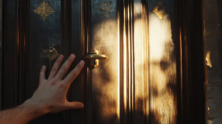 Hand of a young man raised to knock on a door with a dark wood finish and brass accents, warm sunlight outside.の素材