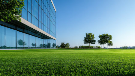 Green lawn spread across the foreground with a minimalist, modern office building in the distance, clear and crisp setting.の素材