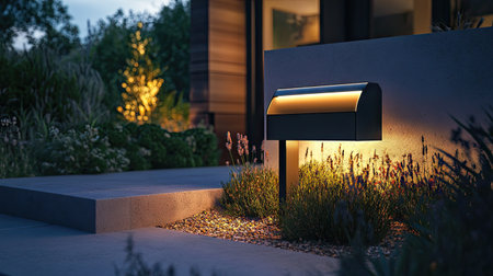 Freestanding modern mailbox with sleek lines and subtle lighting, positioned in a minimalist garden.の素材
