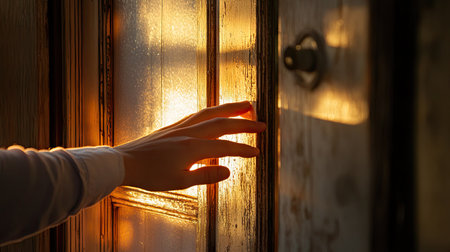 Hand of a young man softly touching the surface of a door, slightly open, warm light filtering in from behind.の素材