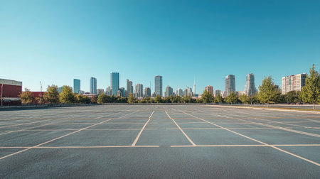 Large parking lot with clear marked spaces, city skyline of tall buildings in the distance, sunny day with clear sky.の素材