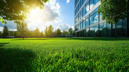 Modern office complex with large glass windows surrounded by vibrant green lawn, soft sunlight illuminating the scene.の素材
