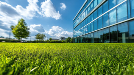 Lush, green lawn in front of a modern office building with reflective windows under a partly cloudy sky.の素材