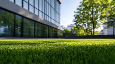 Green lawn stretching toward a contemporary office building with a mix of glass and metal exterior. Crisp, minimalistic setting.の素材