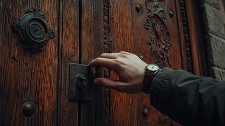 Hand of a young man with a watch about to knock on a wooden door, deep wood grain and subtle lighting.の素材