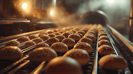 Golden-brown bread rolls on a conveyor belt, moving toward cooling area, large industrial oven visible.の素材