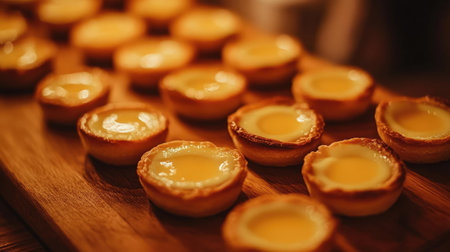 Mini egg custard tarts on a wooden board, their delicate crusts and creamy tops illuminated by warm lighting.の素材