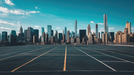 Parking lot with marked lines, overlooking a bustling city skyline with skyscrapers and blue skies above.の素材