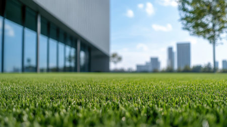 Green lawn stretching toward a contemporary office building with a mix of glass and metal exterior. Crisp, minimalistic setting.の素材
