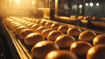 Golden bread rolls lined up on an industrial conveyor, bright lights highlighting their fresh-baked texture.の素材