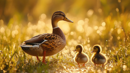 Mother duck leading her duckling through a field, dew-covered grass shining under the morning light.の素材