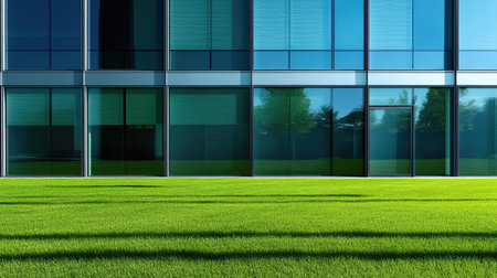 Modern glass office building with a freshly cut green lawn in front, vibrant colors and clear, sunny day.の素材