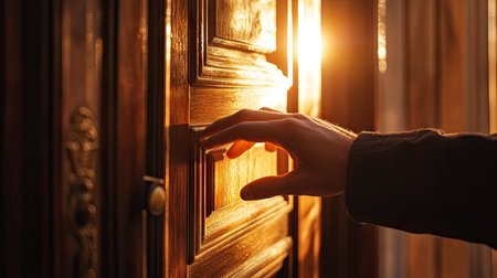 Hand of a young man softly touching the surface of a door, slightly open, warm light filtering in from behind.の素材