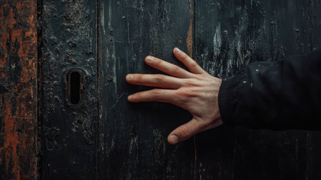 Hand of a young man reaching out to knock on a matte black door, close-up on fingers and knuckles.の素材