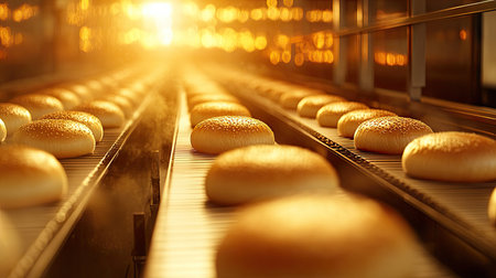Industrial production line with golden bread rolls on a conveyor belt, each roll identical and perfectly baked.の素材
