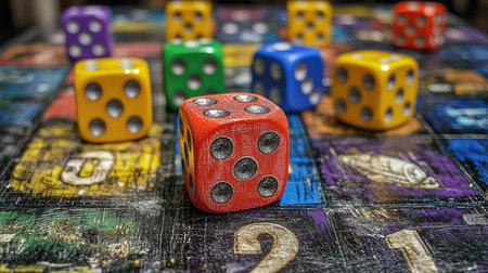 Multicolored board game pieces and dice placed on a game board, creating an exciting scene for play.の素材