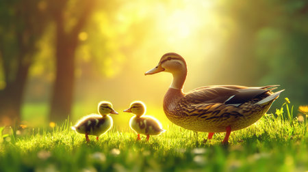 Mother duck and a duckling waddling together across green grass, sun shining softly in the background.の素材