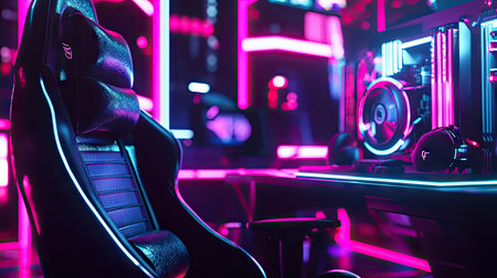 Close-up of a gaming chair in front of an RGB-lit computer setup, casting a glow across the dark gaming room.の素材
