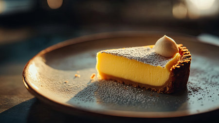 Close-up of an egg custard tart with a golden crust and creamy top, on a delicate ceramic plate with soft lighting.の素材