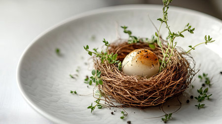 Close-up of fresh bird nest on a white plate with subtle decorative herbs, perfect for an elegant presentation.の素材