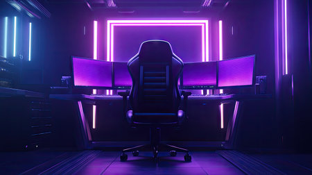 Empty gaming chair with purple and blue ambient lighting, dual monitors glowing softly in the dark room.の素材