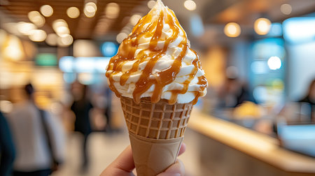 Cone with caramel ice cream drizzled with caramel sauce, crafted from fresh milk. Creamy and decadent with golden tones.の素材