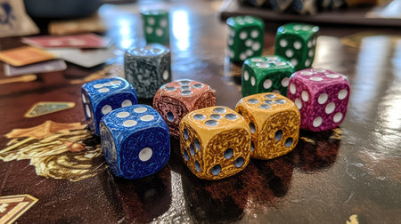 Colorful game tokens and classic dice arranged on a tabletop, a perfect setup for strategic play.の素材