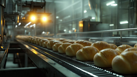 Conveyor belt in a modern bakery with rows of freshly baked bread rolls, machinery whirring in the background.の素材