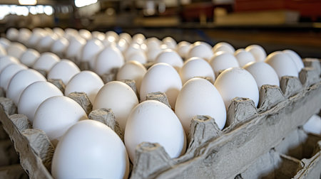 Close-up of white eggs in a carton, part of a large wholesale supply ready for delivery to stores.の素材