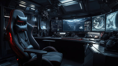 Darkroom with a high-end gaming chair, triple monitors and RGB lighting highlighting gaming accessories.の素材