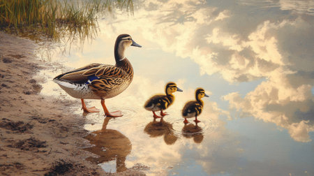 Duck and duckling walking side by side on a sandy lake shore, light clouds reflecting in the water nearby.の素材