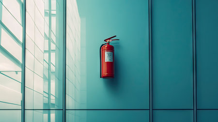 Fire extinguisher hanging on a glass wall in a modern office building, reflecting clean, sleek architecture.の素材