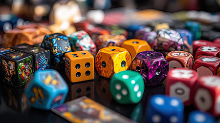Dice and assorted board game pieces on a table, showcasing a variety of colors and shapes for players.の素材