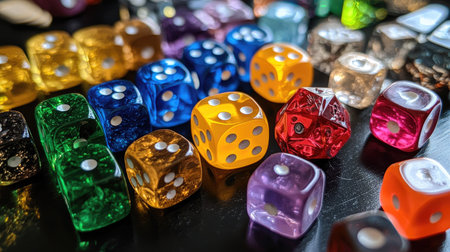 Dice and board game tokens in various colors and shapes, set up on a table for family game night.の素材