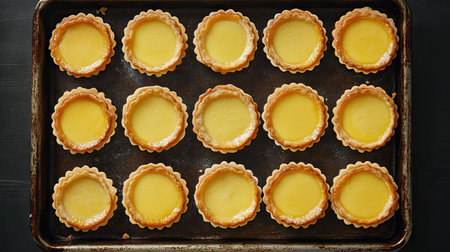 Egg custard tarts arranged on a rustic baking tray, golden and tempting, perfect for dessert.の素材