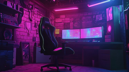 Darkroom with gaming chair and monitors glowing in neon colors, creating an immersive, atmospheric setup.の素材