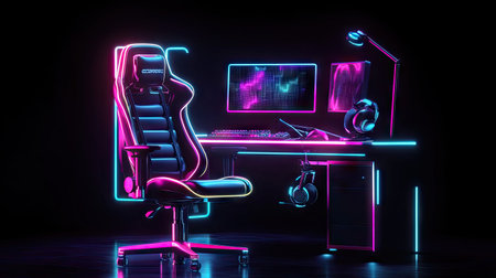 Gamer chair illuminated by neon lights from screens and peripherals, casting colorful reflections in a dark room.の素材
