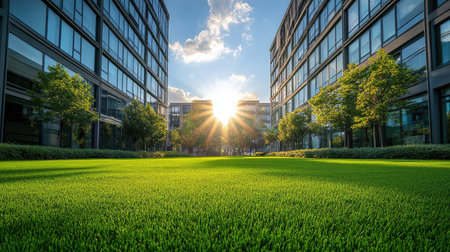 Modern office complex with large glass windows surrounded by vibrant green lawn, soft sunlight illuminating the scene.の素材