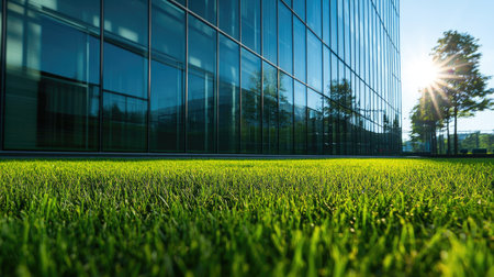 Green grass in front of a modern glass building with sharp angles and minimalist architecture, sunlight reflecting off windows.の素材