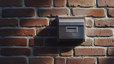 Minimalist gray mailbox with stainless steel accents on a brick wall, showing a blend of classic and modern design.の素材
