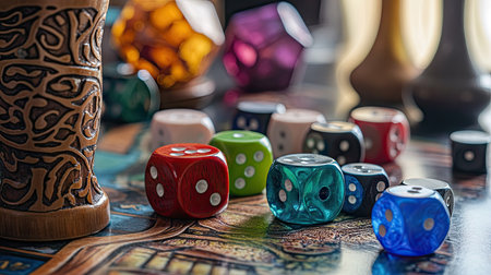Game pieces in bright colors and dice scattered on a tabletop, creating a fun and inviting game setup.の素材