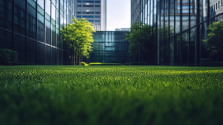 Green lawn stretching across the foreground with a modern glass office structure in the background, bright and serene.の素材