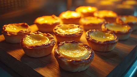 Mini egg custard tarts on a wooden board, their delicate crusts and creamy tops illuminated by warm lighting.の素材