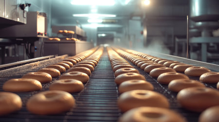 Industrial bakery conveyor with bread rolls aligned in rows, machinery and equipment creating a clean production environment.の素材