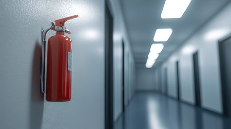 Single fire extinguisher mounted on a white wall in a classroom hallway, brightly lit and ready for emergencies.の素材